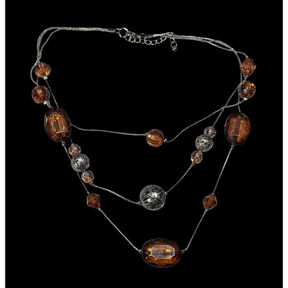 Rustic Brown Gemmed Silver Tone Accent Layered Station Necklace - Picture 1 of 5